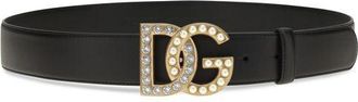 Dolce & Gabbana Crystal-Embellished DG Logo Belt - Black