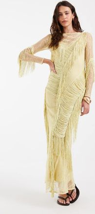 Asos vestito maxi con scollo a barchetta, dettagli in pizzo e frange, schiena aperta, verde oliva chiaro