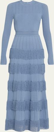 Lela Rose Tiered Fringe Long-Sleeve Maxi Dress