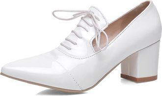 Generic MiaZane Womens Pointed Toe Lace-Up Block Heel Pumps Patent Leather for Office & Evening Wear Mid Heel Oxford Style PU Soft Lining Comfortable Fit,Whit