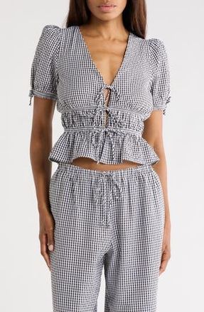 Wayf Gingham Short Sleeve Tie Front Top in Black Seersucker at Nordstrom Rack, Size X-Large