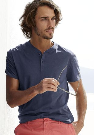 H.I.S Henleyshirt H.I.S, Herren, Gr. XXL (60/62), blau (navy), Slub, Obermaterial: 100% Baumwolle, meliert, regular fit normal, Rundhals, abgesteppte Kante,