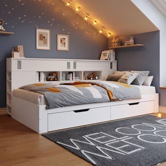 Merax 3FT Single Cabin Storage Bed with Drawers & Headboard Bookcase in White