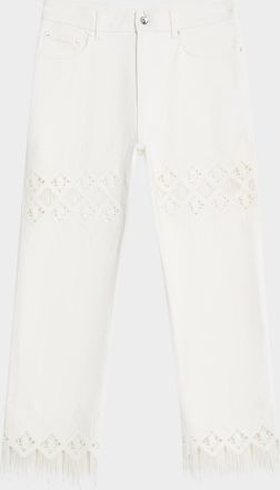 Paco Rabanne Macrame-Inset Straight-Leg Fringed Ankle Pants