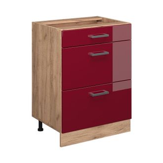 Vicco Mueble Bajo De Cocina R-line, Rojo Burdeos Alto Brillo, 60 Cm Con Cajones, Sin Encimera Vicco