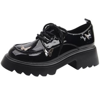 Generic Qynthra Womens Wide Fit Platform Loafers with Butterfly Bow Chunky Block Heel Round Toe Slip-On Oxford Style Shoes for Office & Casual Wear Matte & Gl