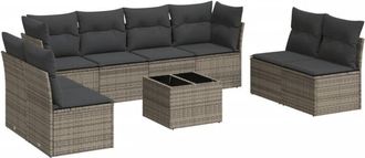vidaXL Set De Muebles De Jard&iacute;n 9 Pzas Y Cojines Rat&aacute;n Sint&eacute;tico Gris Vidaxl