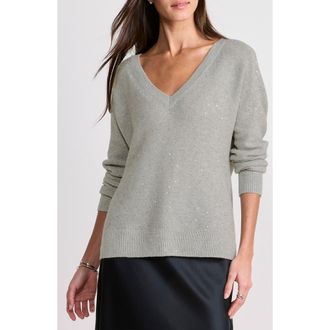 Vineyard Vines Sequin Accent Wool & Cashmere V-Neck Sweater in Light Gray Heather at Nordstrom, Size Xx-Small