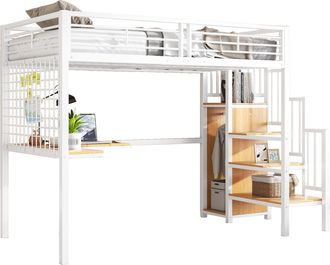 STILVORA Cama Alta Cama Individual Con Armario, Escalera Lateral Y Mesa 90&times;200 Cm, Sin Colch&oacute;n