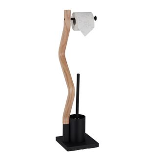 Relaxdays Relaxdays - Escobillero Portarrollos De Pie Dise&ntilde;o Curvo Negro, Accesorio Ba&ntilde;o Acero, 75x18,5x18,5 Cm, Negro/natural