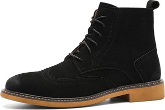 Generic Mens Dress Boots Lace-Up Suede Brogue Ankle Boots | Retro Mid Top Chelsea Booties | Classic Wingtip Oxford Shoes for Business, Work & Casual Wear,Blac