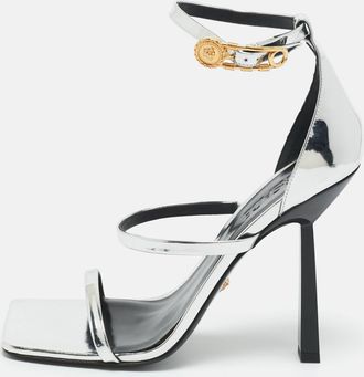 Versace Silver Leather Safety Pin Ankle Strap Sandals