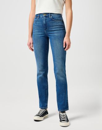 Wrangler Straight-Jeans WRANGLER, Damen, Gr. 27, L&auml;nge 32, blau (airblau), Denim/Jeans, Obermaterial: 99% Baumwolle, 1% Elasthan, straight fit lang, Jeans Stra
