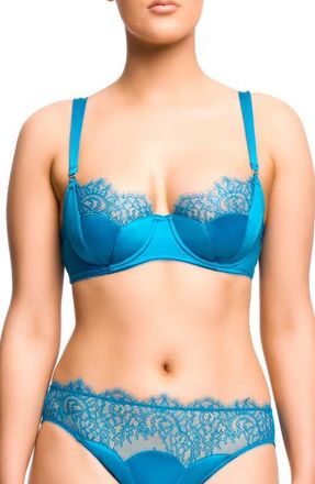 Dita Von Teese Esther Eyelash Lace & Satin Underwire Bra in Jewel Blue at Nordstrom, Size 34C