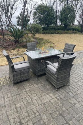 Fimous PE Rattan Gas Fire Pit Oblong Table Gas Heater Dining Table And Chair Set 4 Seater