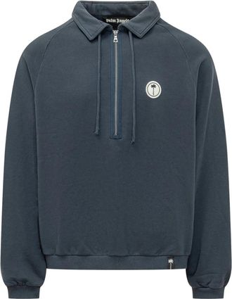 Palm Angels Classic Logo Zipped Crew - Heren - Sweatshirts - Blauw - L - Katoen - Hoodies & sweatvesten