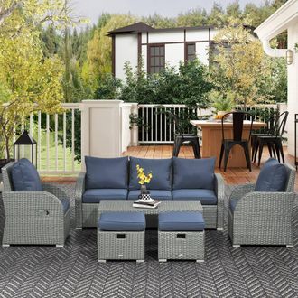 OUTSUNNY Rattan Garden Furniture Set with Recliners, Footstools in Blue