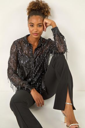 Roman Sequin Tassel Stretch Shirt