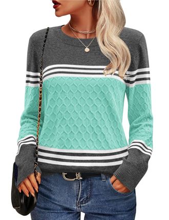 Zeagoo Womens Knitted Pullover Autumn Crew Neck Knitted Jumper Colour Block Elegant Jumper Long Sleeve Tops Winter Sweater S-XXL, lightblue, M