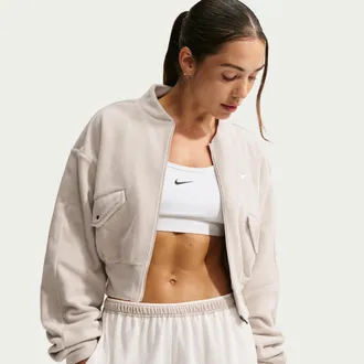 Nike Womens One Therma-FIT Fleece Bomber Jacket in Brown | IO1048-236