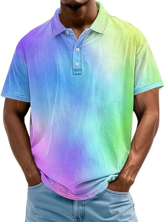 Generic DENGJIAMY Men Gradient Polo Shirt Plus Size Color Block Print Polo Shirts Sleeve Casual Outdoor Fashion Novelty Tshirt Plus Size Button V Neck Tees Me