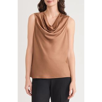 Kasper Cowl Neck Sleeveless Satin Top in Dark Camel at Nordstrom, Size Medium