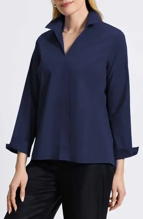 Foxcroft Agnes Split Cuff Popover Blouse in Navy at Nordstrom, Size X-Large
