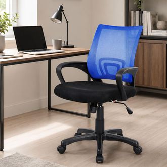 Dmora Silla De Oficina Dgell, Silla Operativa De Malla Con Reposabrazos, Asiento De Oficina Ergon&oacute;mico, 59x54h90/100 Cm, Negro Y Azul - Dmora