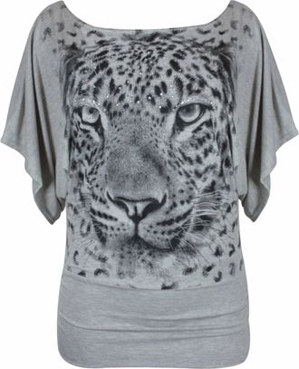 Purple Hanger New Ladies Leopard Tiger Animal Print Short Batwing Sleeve T-Shirt Womens Short Sleeve Printed Stretch Fit Top Plus Size Light Grey Size 16-18