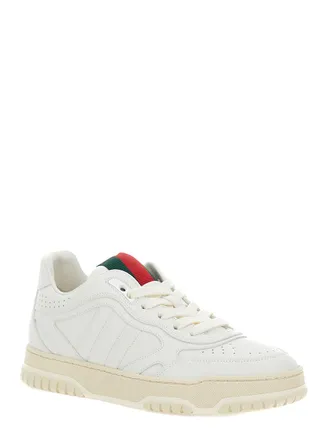 Gucci Womens White Low Top Sneakers With Web Detail Calf Skin Trainers