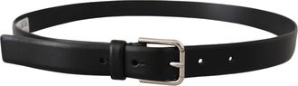 Dolce & Gabbana Black Calf Leather Silver Tone Logo Buckle Mens Belt