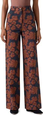Akris Coop Ikat Floral High Waist Cotton Blend Canvas Pants in Black Denim-Orange at Nordstrom, Size 10