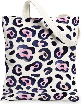 Generic Leopard Print Canvas Tote Bags, Stylish Animal Pattern Reusable Grocery Bags, Summer Lightweight Washable Shoulder Strap to, White, 13x15 Inch
