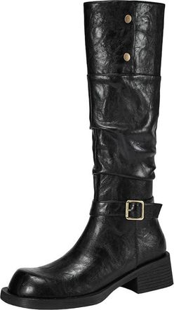 Generic Womens Cow Leather Medium Heels Stretch Boots Vintage Belt Buckle Runway Thigh High Boots