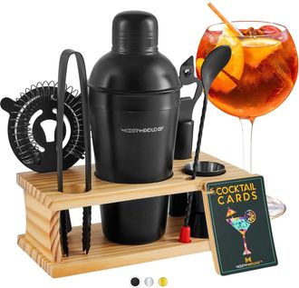 Zulay Kitchen Bartender Kit - 8-Piece Silver Cocktail Shaker Set with Black Wood Stand, Recipe Cards, and Bar Accessories Ideas by Mixology