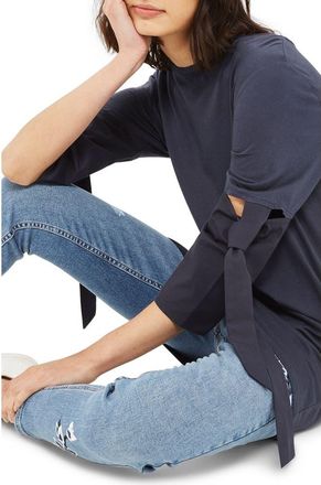 Topshop Tie Trumpet Sleeve Tunic in Navy at Nordstrom, Size 4 Us