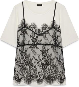 Fiorella Rubino T-shirt met kanten bovenkant - Dames - T-shirts - Wit - L - Katoen - Tops