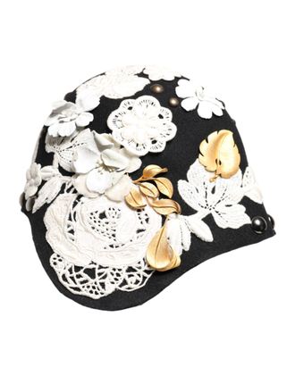 Dolce & Gabbana Womens Black Wool White Floral Gold Leaf Cloche Hat