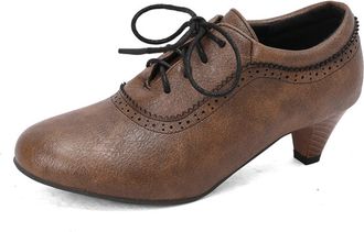 Generic Womens Brogue Round Toe Oxfords Lace-Up Mid Block Heel PU Leather Upper Black Sole Adjustable Laces Supportive Comfortable Fit Shoes,Brown,10.5 UK