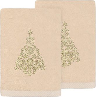 Linum Home Textiles Set Of 2 Christmas Tree Embroidered Luxury 100% Turkish Cotton Hand Towels