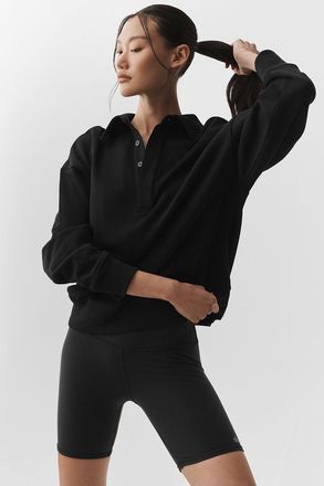 Alo | Take It Easy Long Sleeve Henley Pullover Top in Black, Size: Medium