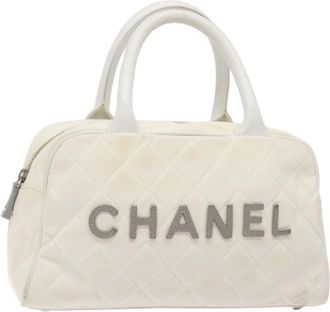 Chanel Vintage Logo Bowler Bag Quilted Canvas White Canvas Bag (Pre-Owned)