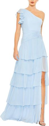 Mac Duggal Ruffle Tiered One Flutter Sleeve Gown