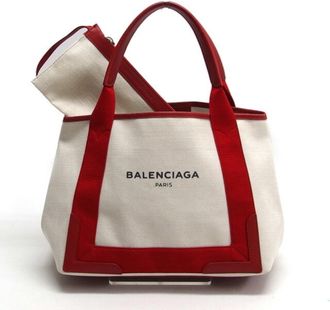 Balenciaga Red Color White Canvas Leather Handbag Tote Bag (Pre-Owned)