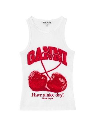 Ganni White Graphic Round Neck Top
