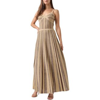 Misook Metallic Stripe Fit & Flare Maxi Sweater Dress in Biscotti/mahogany/gold at Nordstrom Rack, Size X-Small