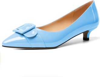 elashe Women Pumps Pointed Toe Classic Buckle Design Kitten Heels Sexy Lady Shoes for Party, Wedding Light-Blue EU38