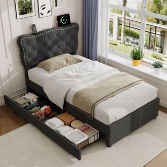 Matteo Single Upholstered Bed with Charging Station & Storage Drawers, Grey