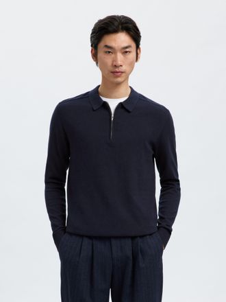 Selected Polokragenpullover SELECTED SLHBERG LS HALF ZIP POLO NOOS, Herren, Gr. L, blau (navy blazer detail:melange), Strick, Obermaterial: 100% Baumwolle, mel