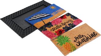 Imports Decor Summer Coir Door Mat Set with Rubber Tray, Interchangeable Coconut Fiber Inserts, Non-Slip Durable Indoor Outdoor Entrance Rug